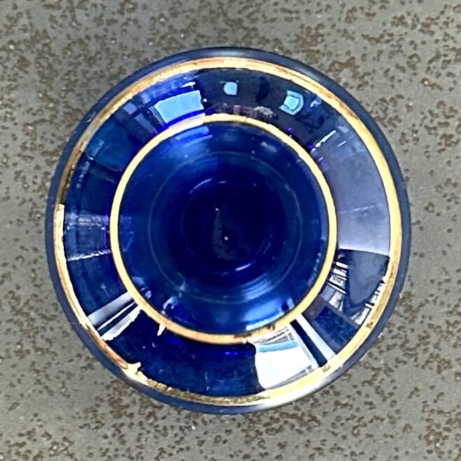 Translucent green blue glass soliflore with gold trim - 15 cm