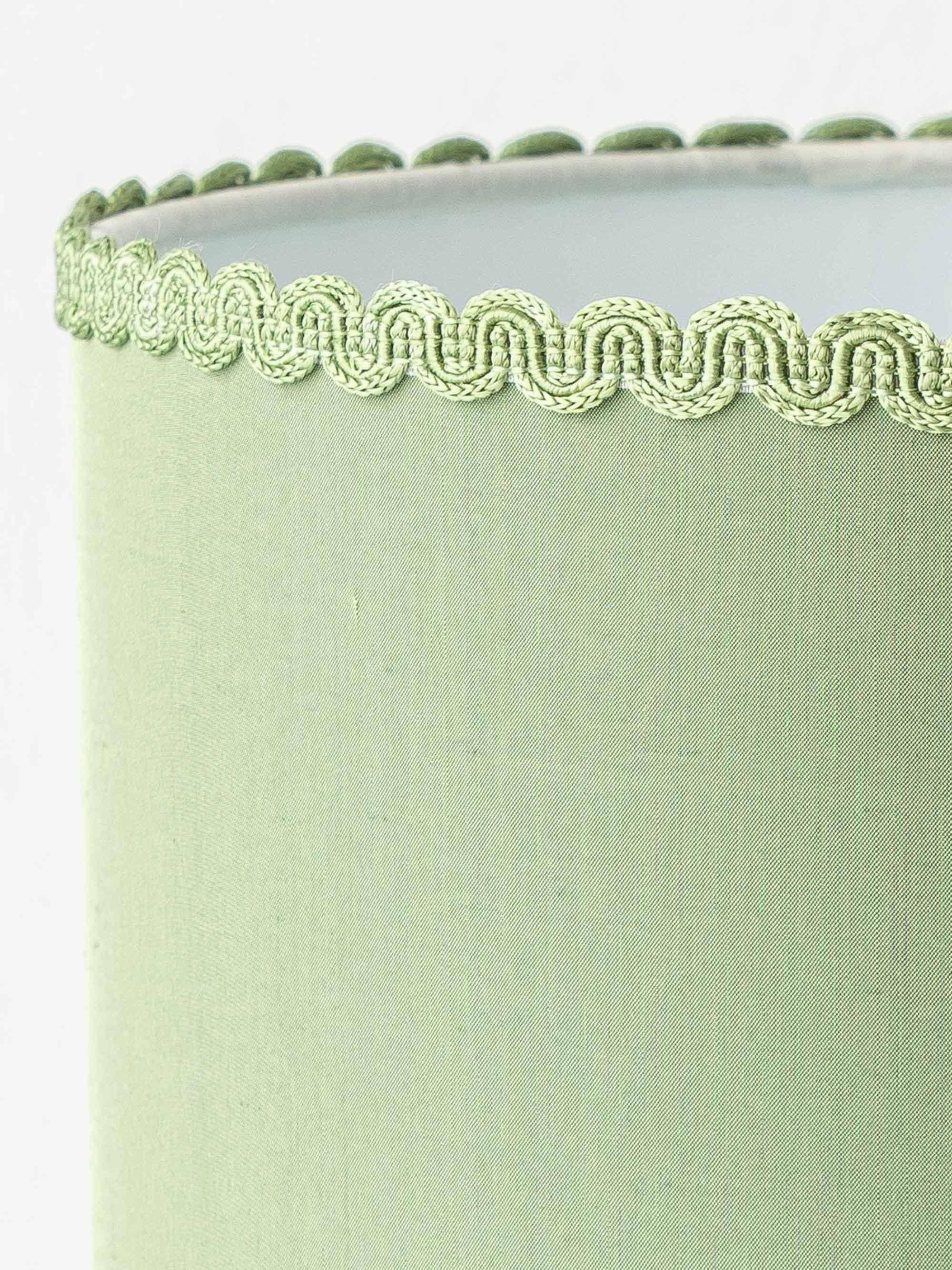 Pair of Chinese table lamps in Delft blue ceramic with new green silk shades.