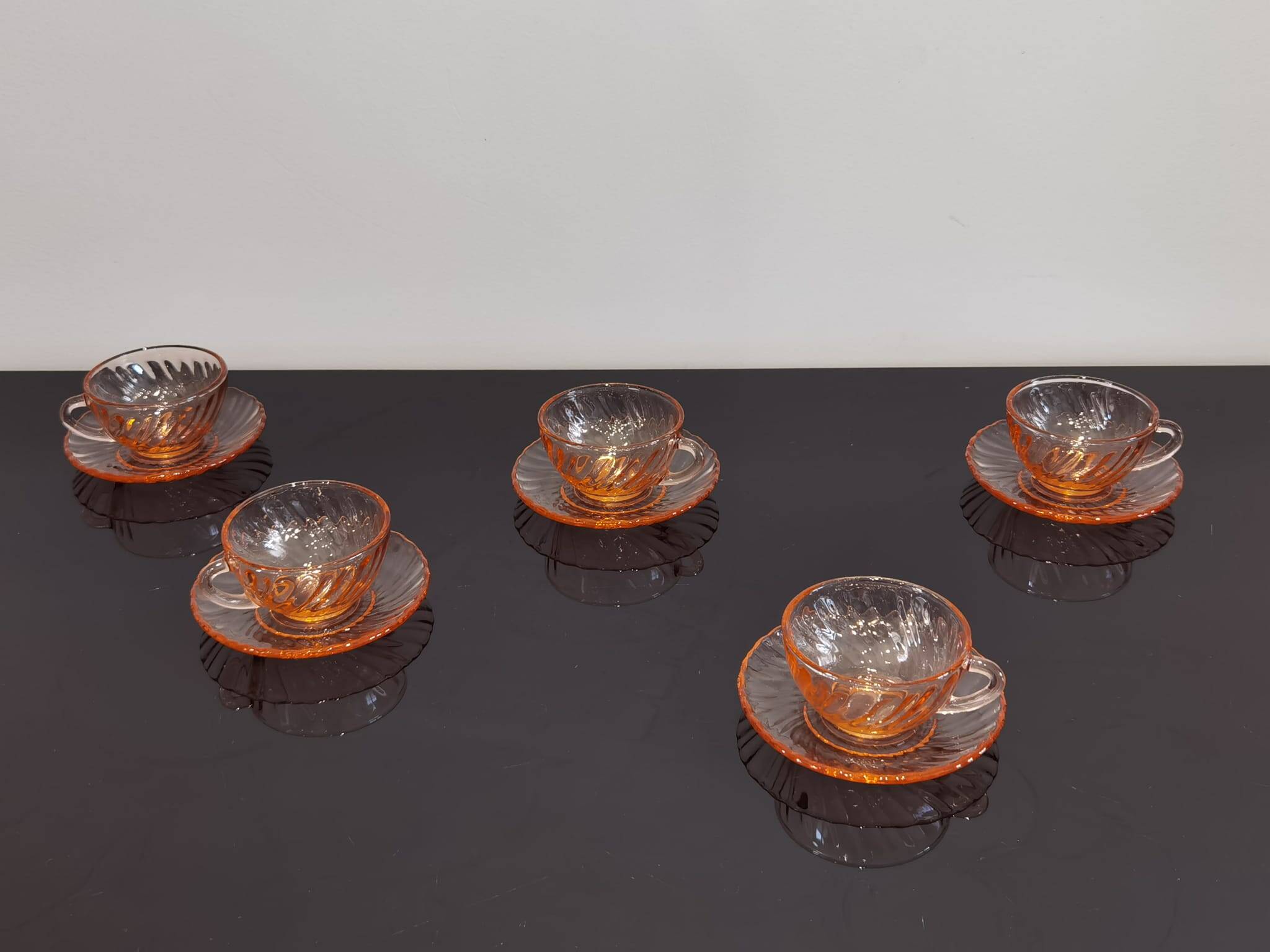 5 Rosaline Arcoroc twisted pink glass cups and saucers
