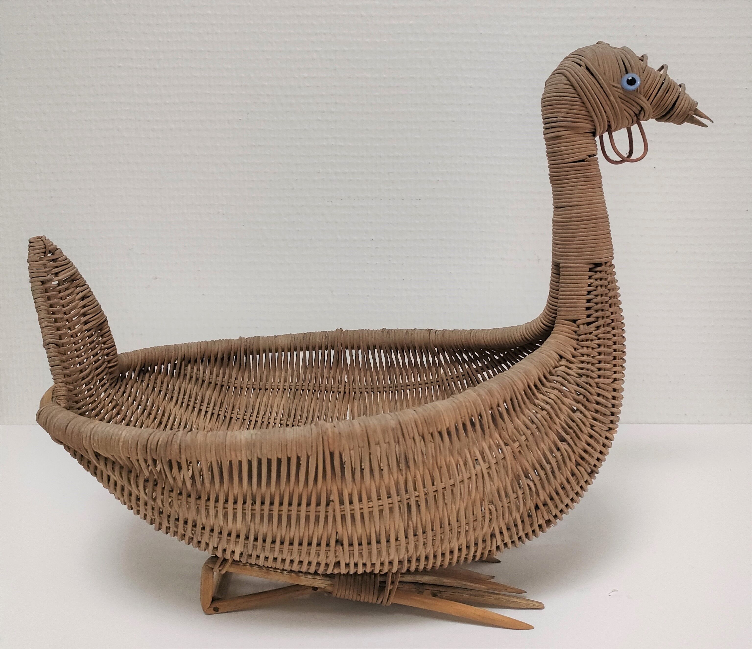 Zoomorphic basket bird, wicker braided vintage