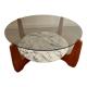 Ancienne table basse design Hugues Poignant vintage années 70 verre et marbre France