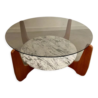 Ancienne table basse design Hugues Poignant vintage années 70 verre et marbre France