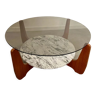 Ancienne table basse design Hugues Poignant vintage années 70 verre et marbre France