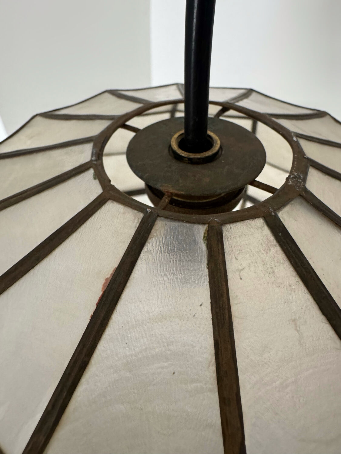 Brass and pearl spherical pendant light from the 60s
