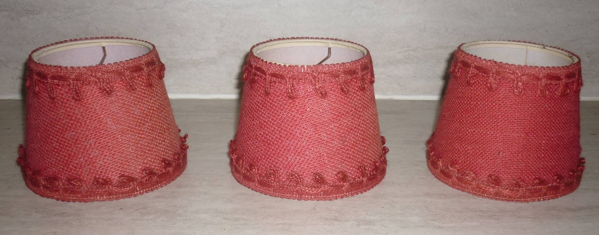 3 lampshades in jute and red braid + 1 vintage carcass