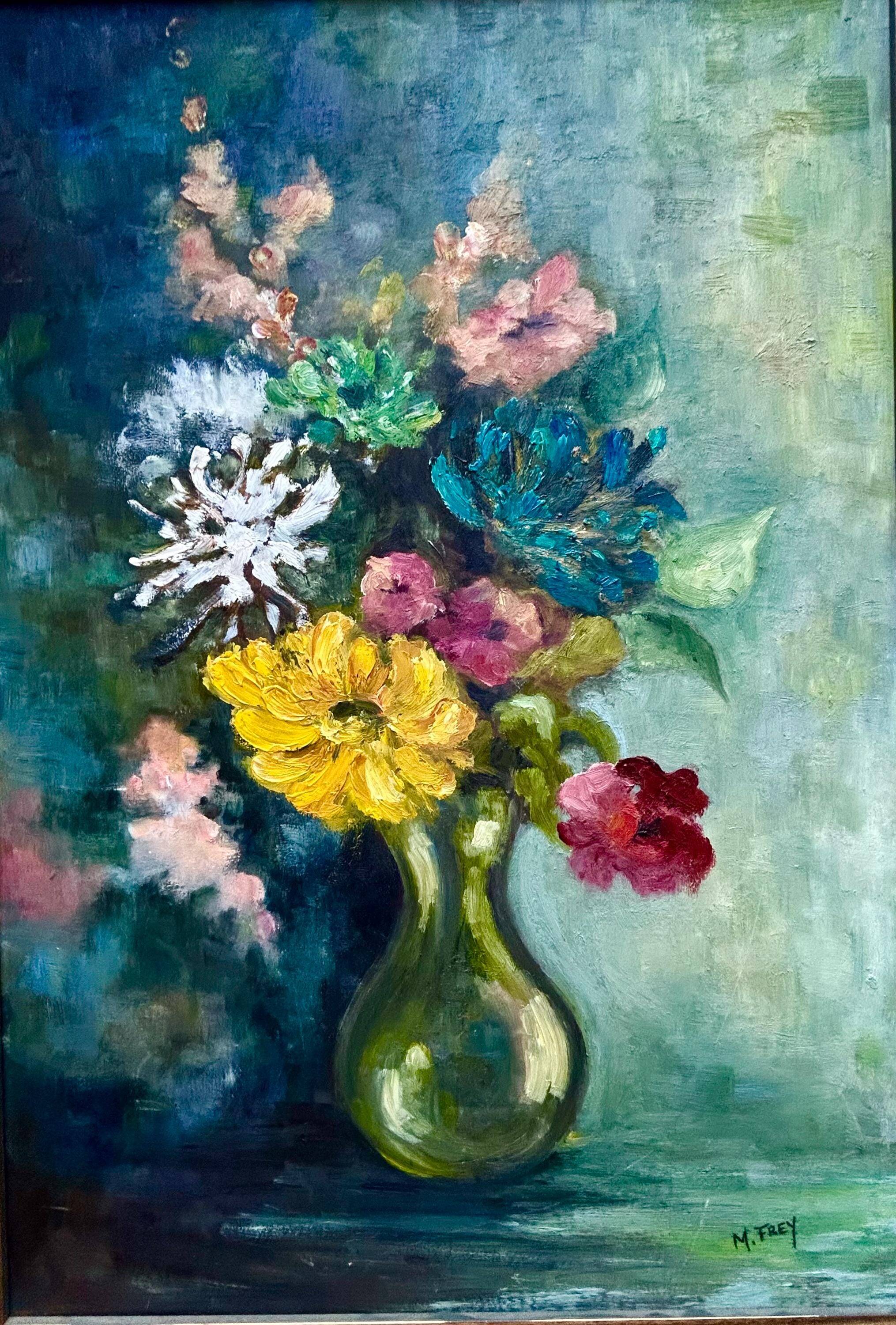 1950s Vintage French Floral Oil Painting • Impressionist Bouquet in Vase