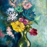 1950s Vintage French Floral Oil Painting • Impressionist Bouquet in Vase