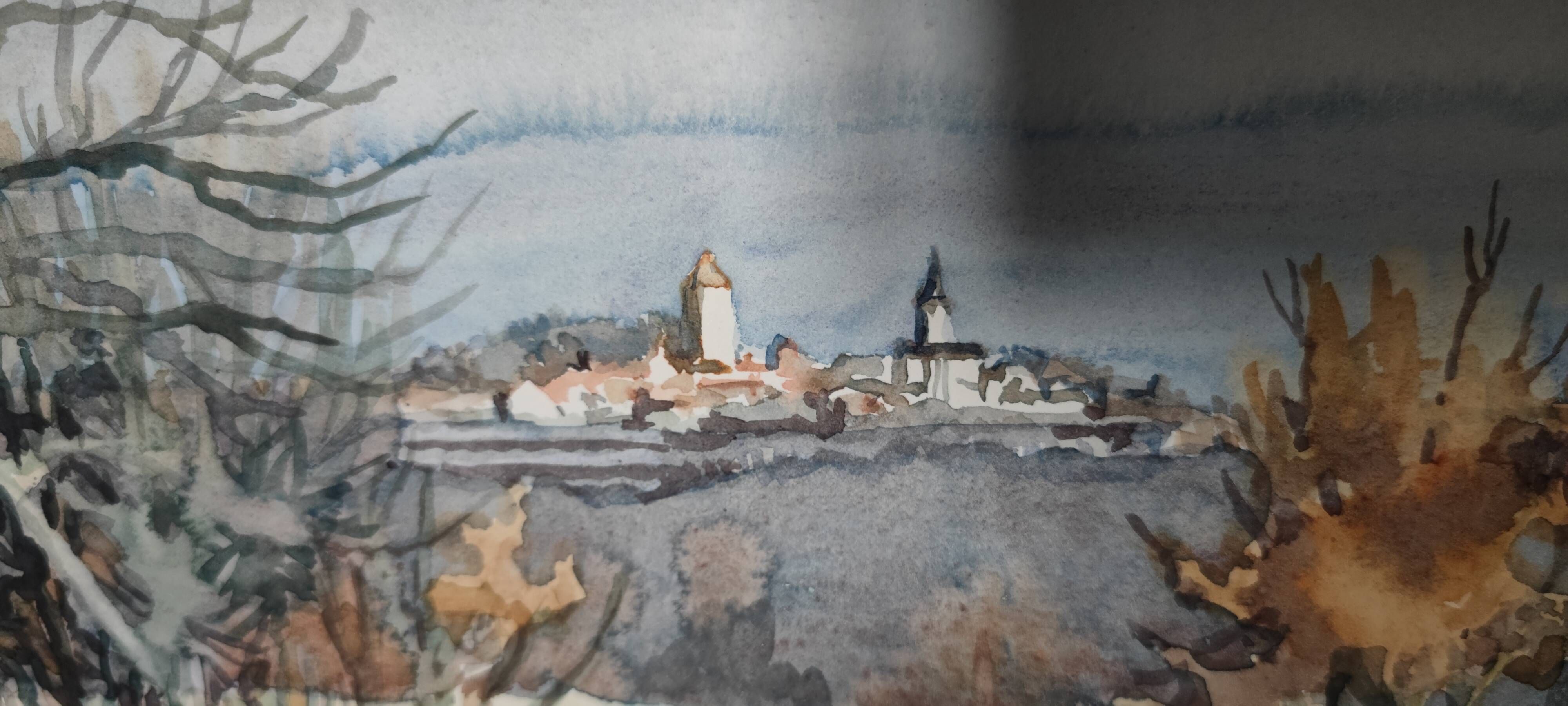 Watercolor signed Bettina Von Arnim view of Concots ,Lot, Occitanie