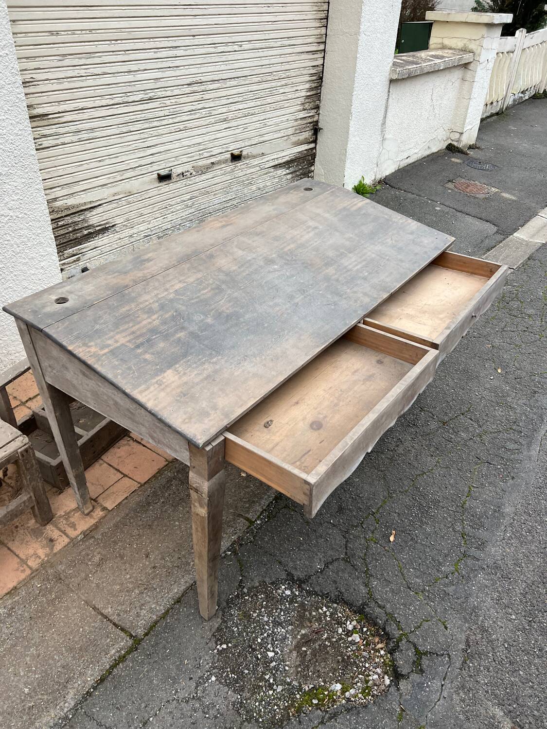 Writing desk, school desk, old large model with 2 drawers