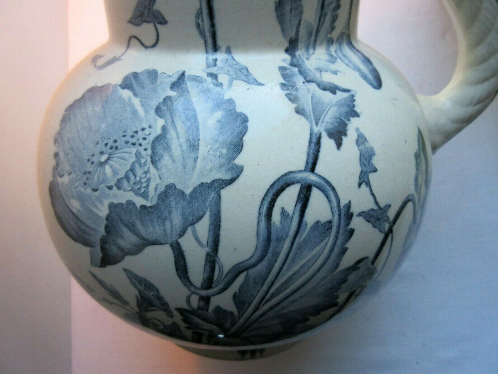 Art Nouveau toilet broc, blue-grey Iris décor, signed Longchamp