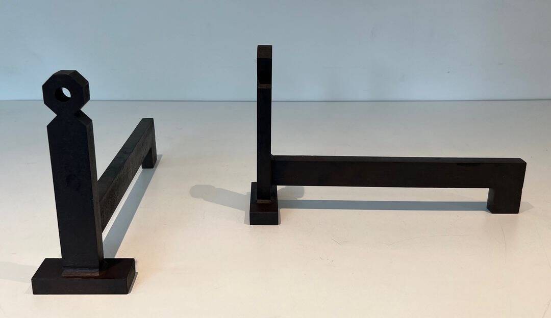 Pair of Minimalist Modernist Wrought Iron Chenets with Torch Holders in Nut Design