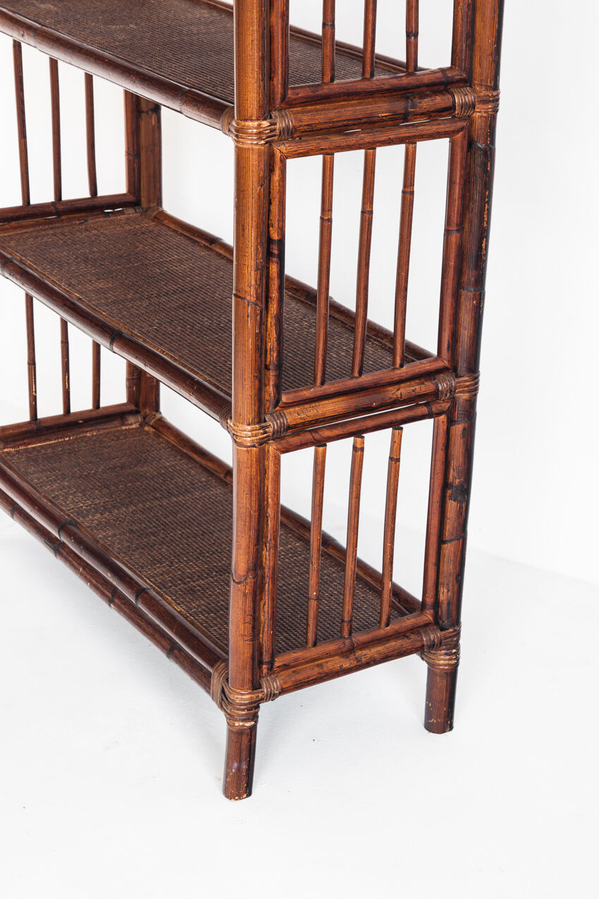 Vintage rattan floor bookcase. France, 1960s