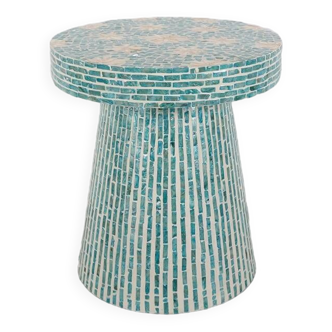 Table basse en mosaïque nacréescente turquoise de style champignon 45x52 cm