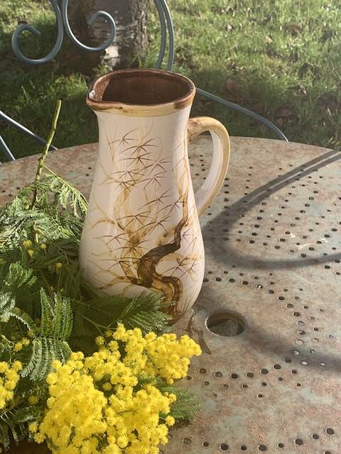 Vase, enameled ceramic jug, chiseled tree motif, west germany vintage 1970, numbered 3047