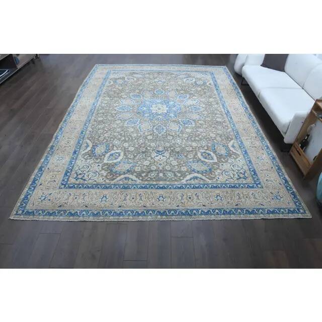 1970s Vintage Persian Handmade Wool Cotton Blue Area Rug 283x400