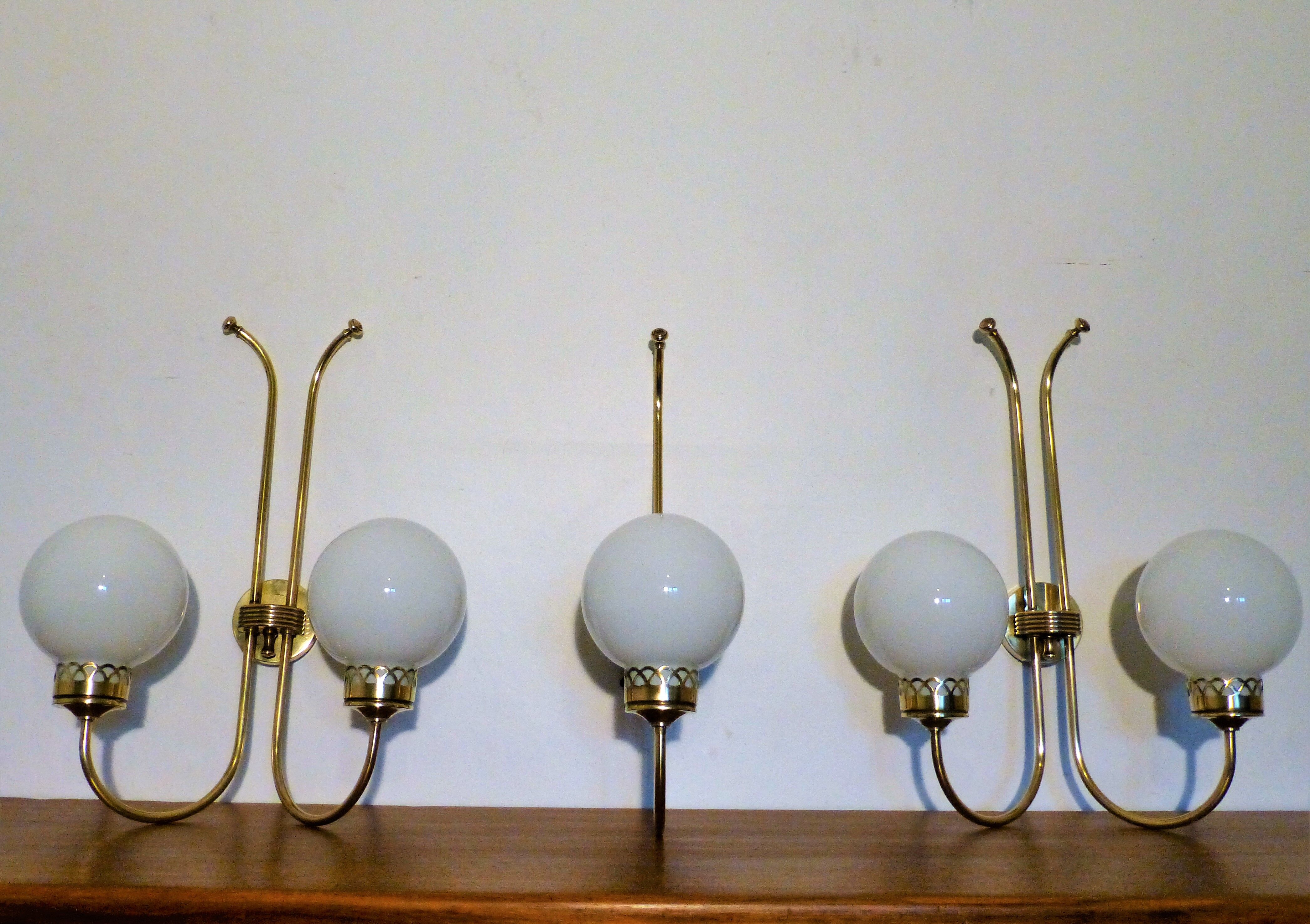 Trio of applique art deco brass and opaline. 1940