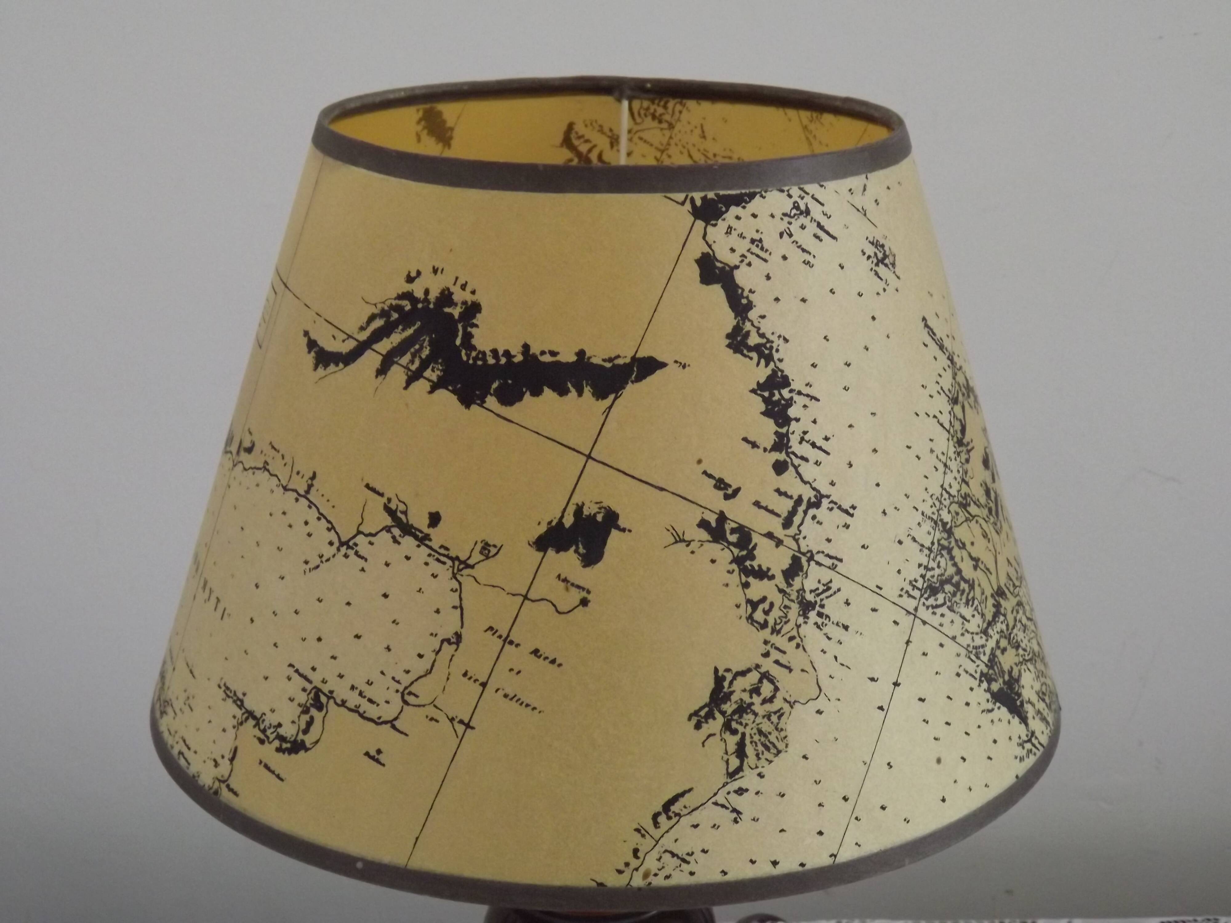 French Mid Century Round Turned Wood Grooved Table Lamp Map Detail Shade