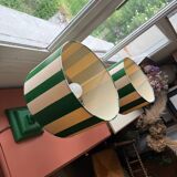 Pair of wooden bedside lamps with striped lampshades