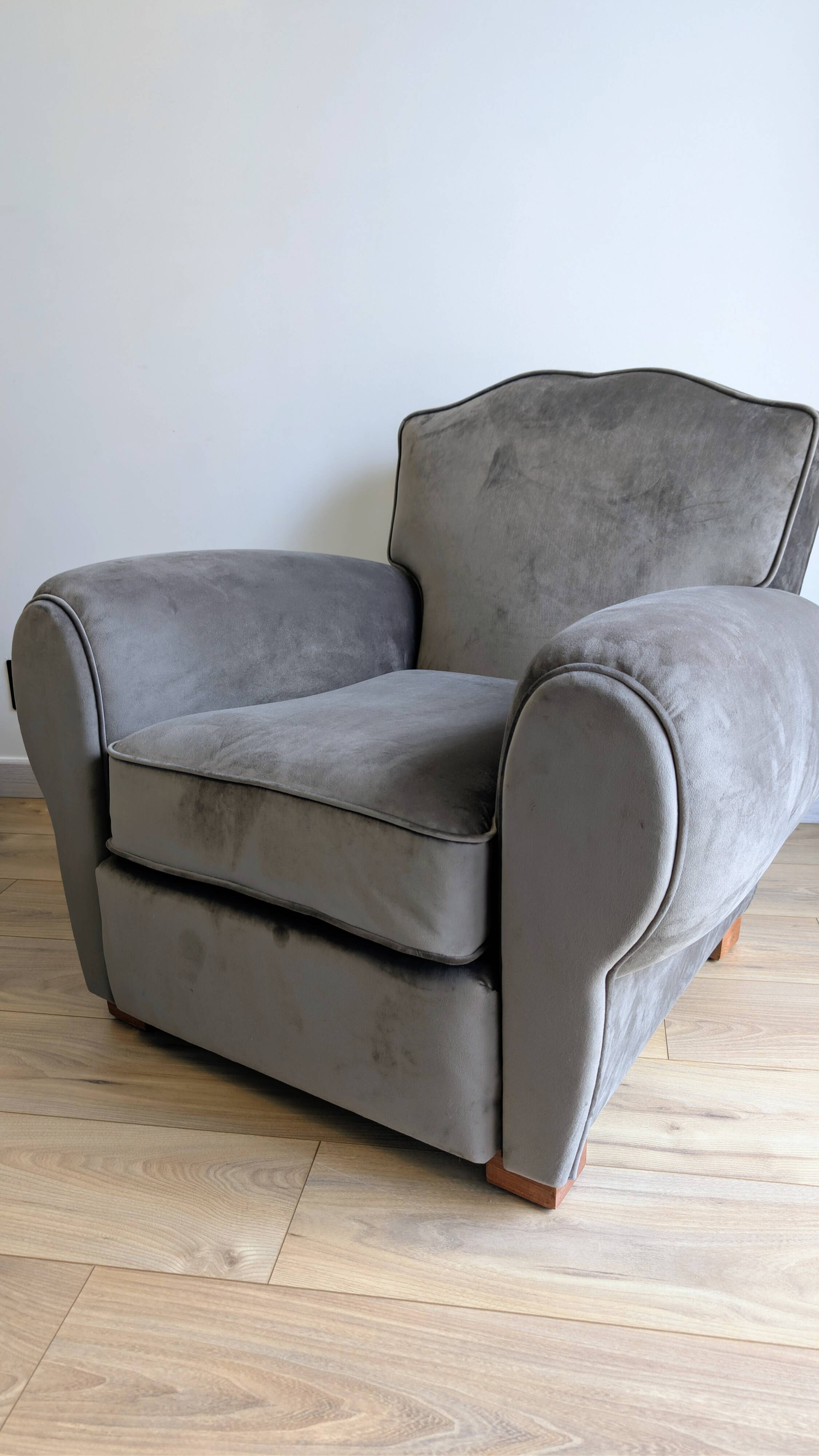 Pair of moustache club armchairs in elephant grey velvet.