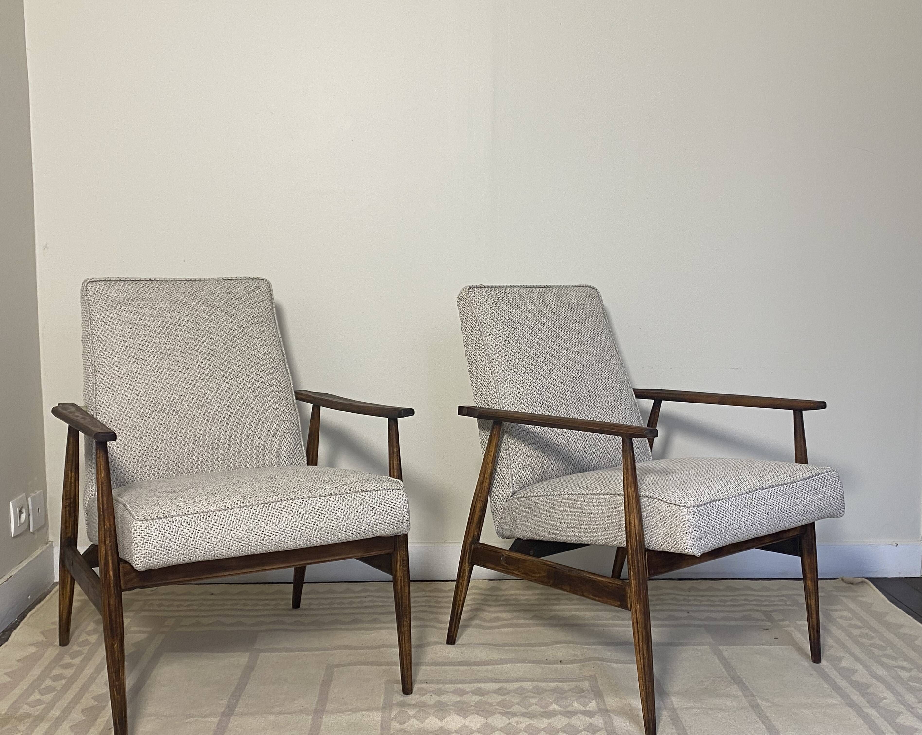 Pair of Henryk Lis 300-190 armchairs in mottled blue-grey fabric, 1970s