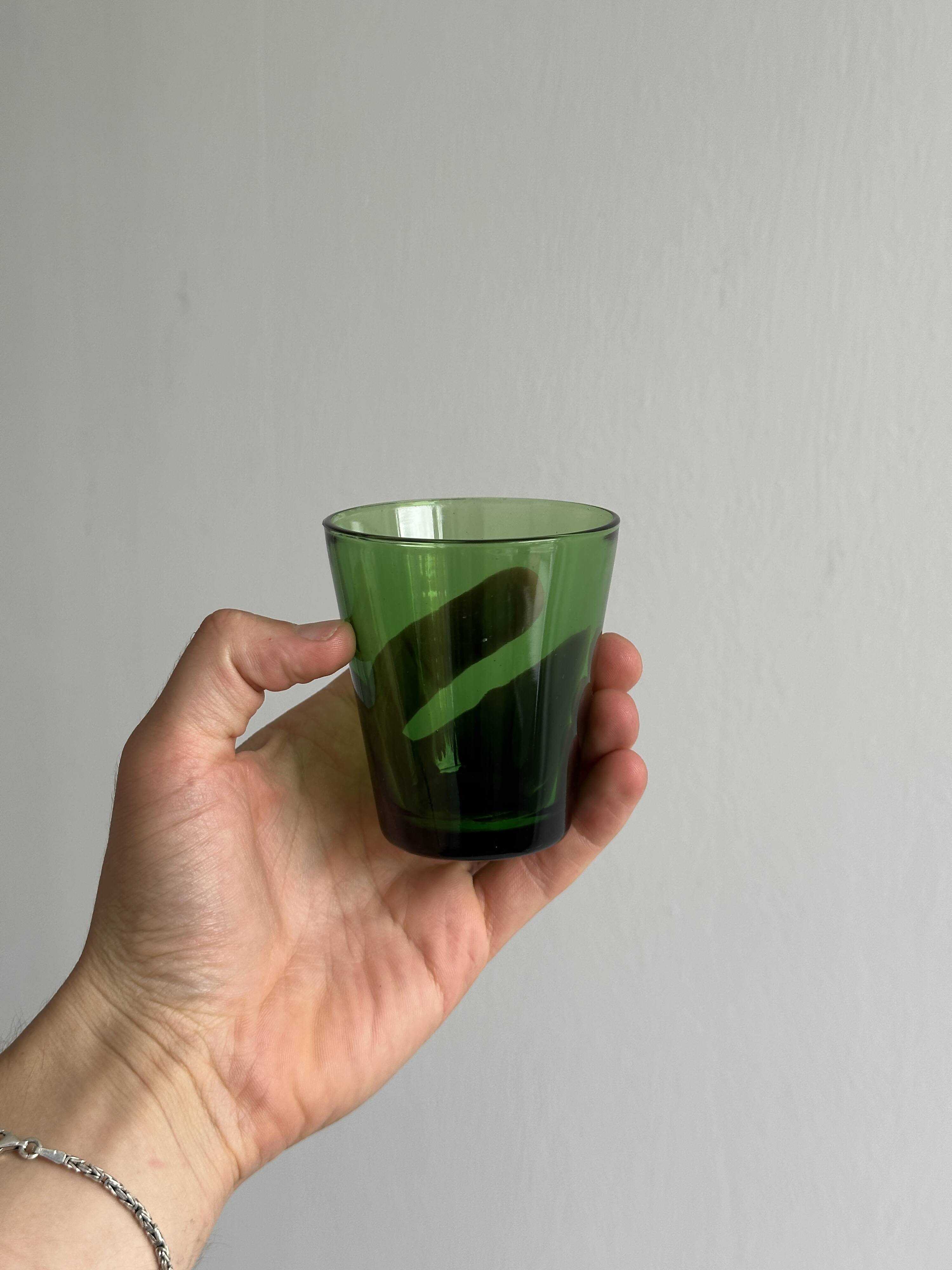 Set of 6 green water glasses, translucent thick glass