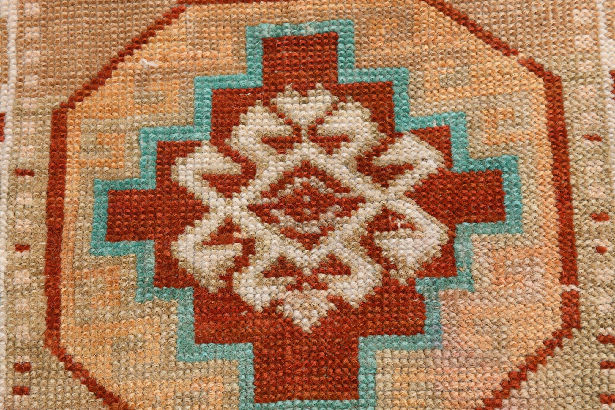 Beige & Red Small Size Vintage Wool Rug, Turkish Doormat Rug