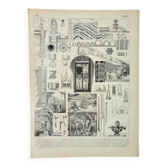 Gravure ancienne de 1898 • Mine, galerie, minage, mineur • Affiche originale et vintage