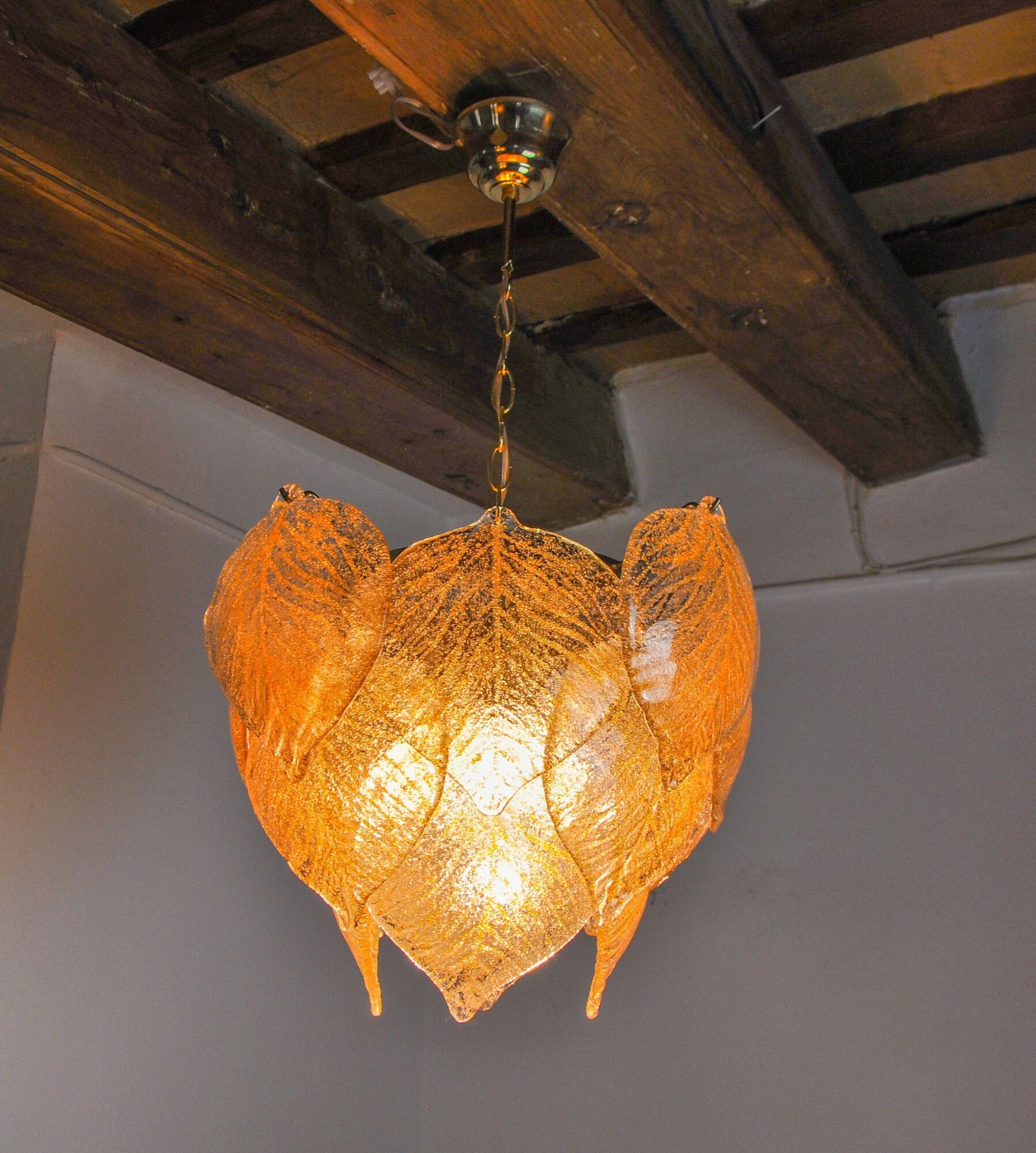 Chandelier leaves Murano Mazzega, gilded frosted glass, italy 1970