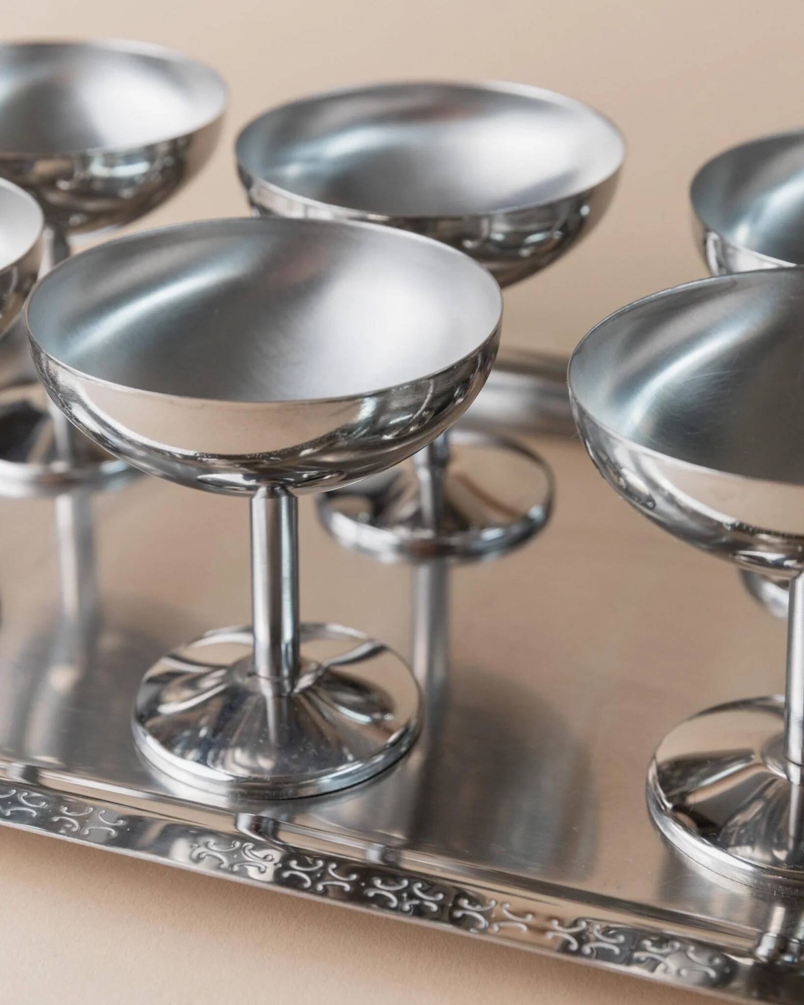 Silver-tone Stainless Steel Vintage Drinking Set for 6 with Tray, 1970s Italian Minimalist Design