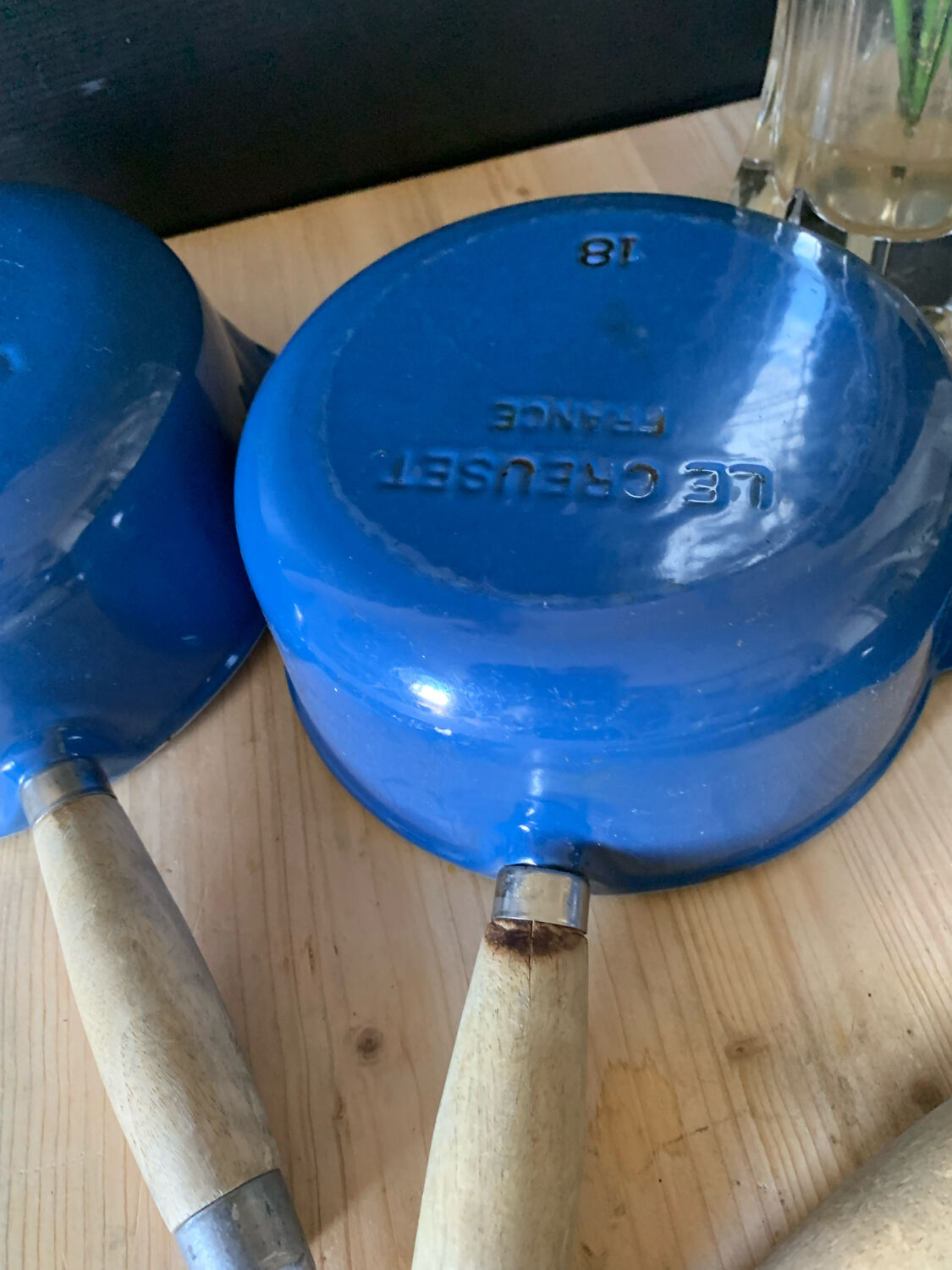 Series of cast iron pans Le Creuset bleues