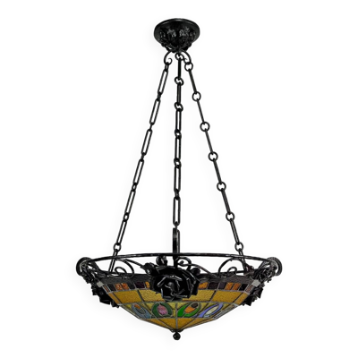 Lustre Art Déco en fer forgé par Augustin Louis Calmels, France, Circa 1920