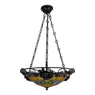 Art Deco wrought iron chandelier by Augustin Louis Calmels, France, Circa 1920