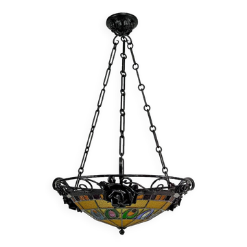 Art Deco wrought iron chandelier by Augustin Louis Calmels, France, Circa 1920