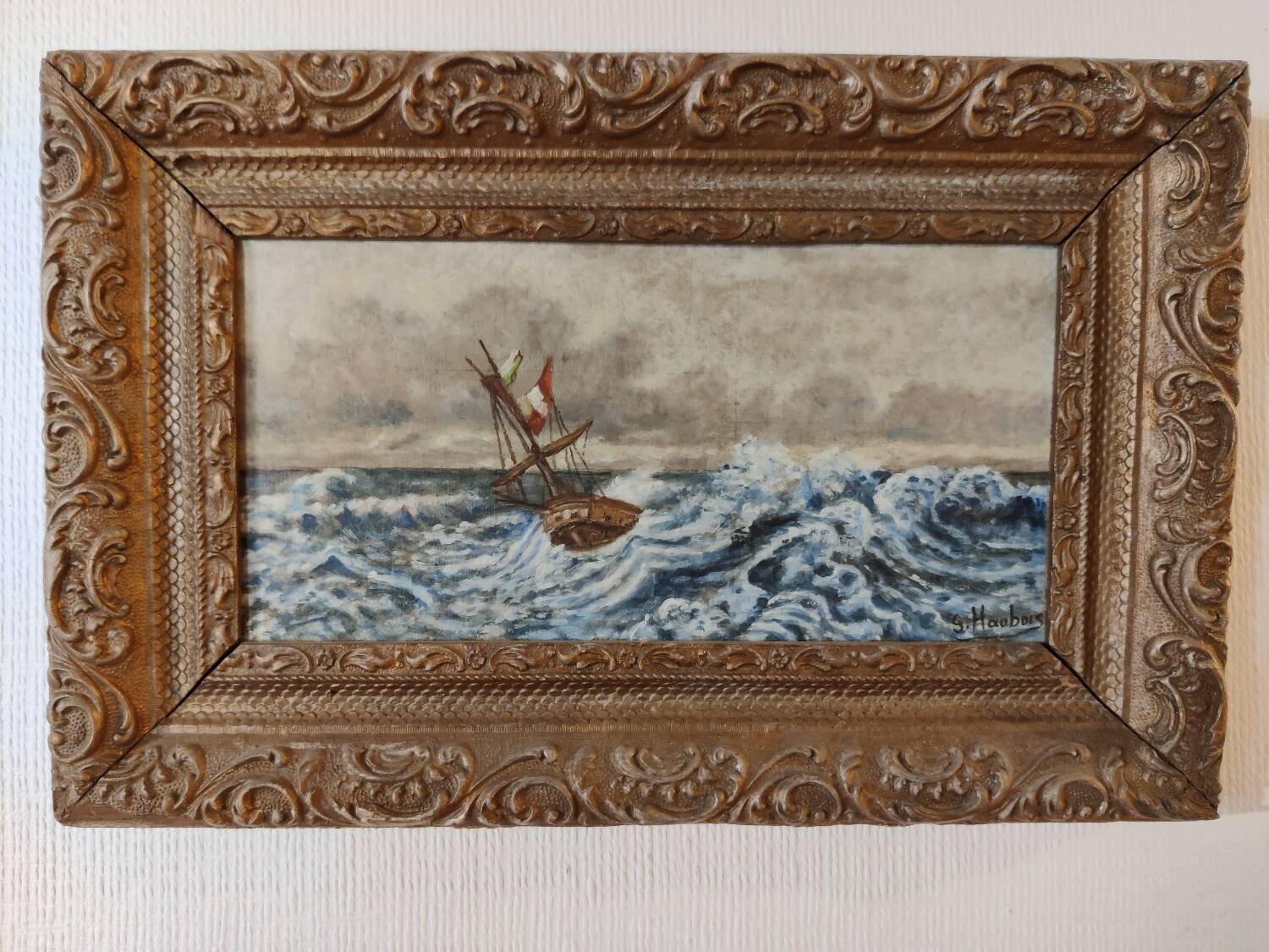 Lot of 2 old marine paintings on wood signed G. Haubois - Gilded frame