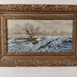 Lot of 2 old marine paintings on wood signed G. Haubois - Gilded frame