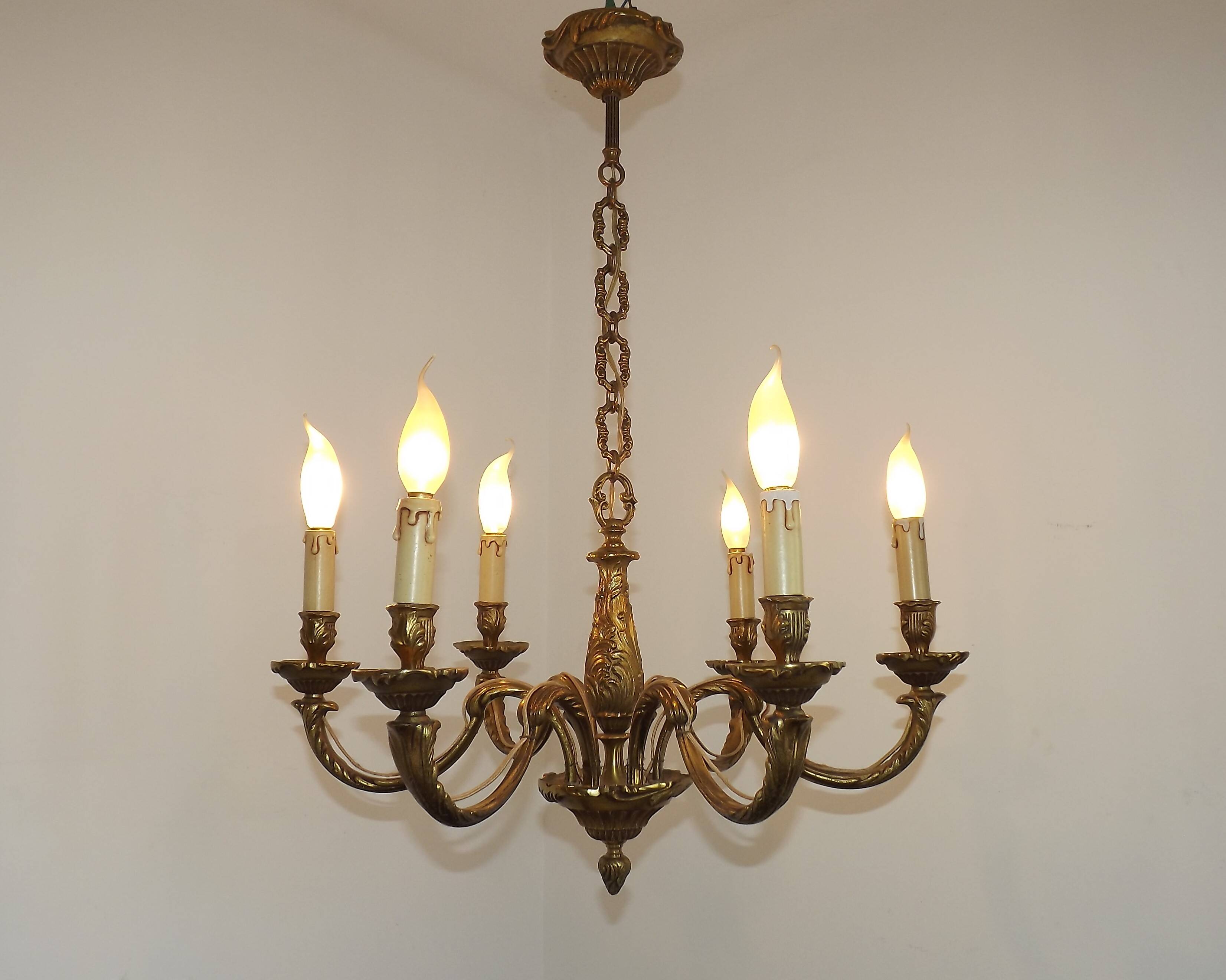 French Art Nouveau Bronze 6 Light Chandelier with Scroll Arms and Leaf Details 5583