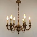 French Art Nouveau Bronze 6 Light Chandelier with Scroll Arms and Leaf Details 5583