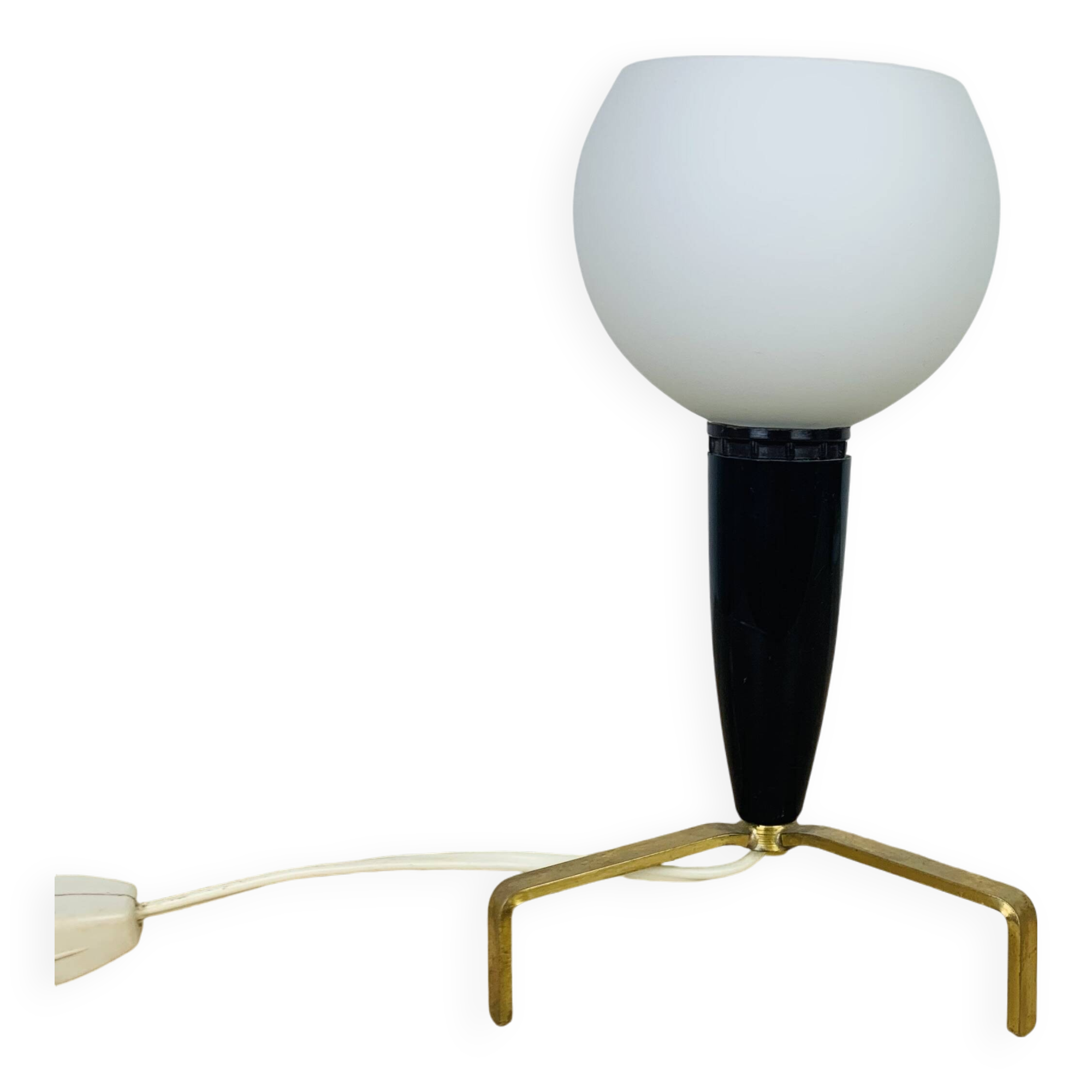 50s brass tripod lamp, opaline globe