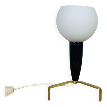 1950s brass tripod lamp, opaline globe