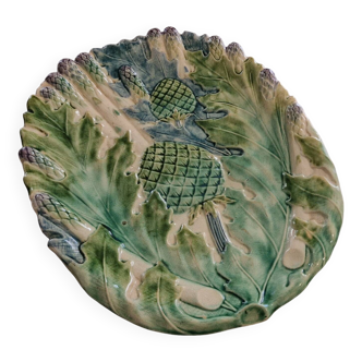 Plat à asperges artichauts barbotine française circa 1890