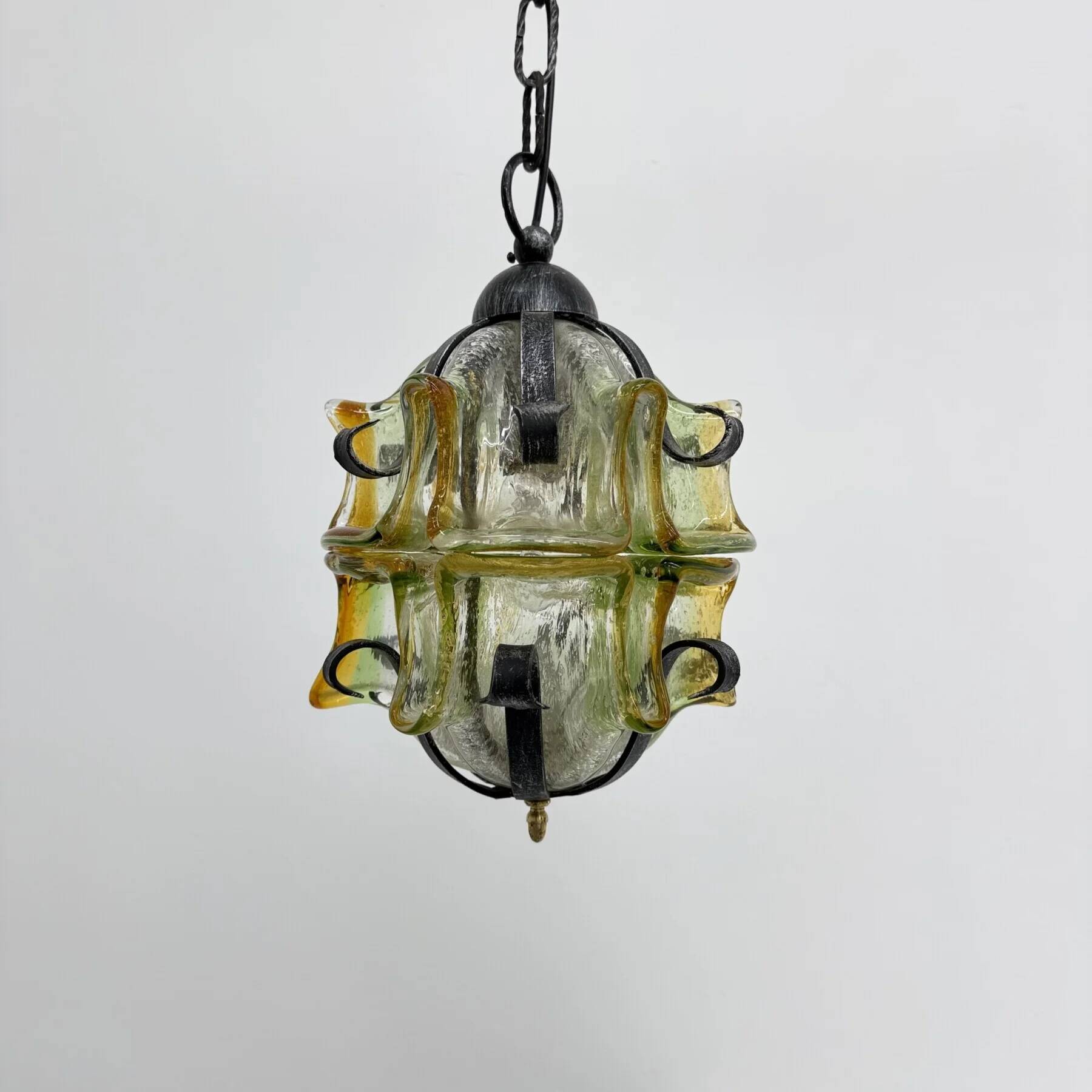Brutalist glass and iron hanging lamp, 1970s