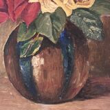 Oil on cardboard panel bouquet of roses in round vase, signed f. mas 1935