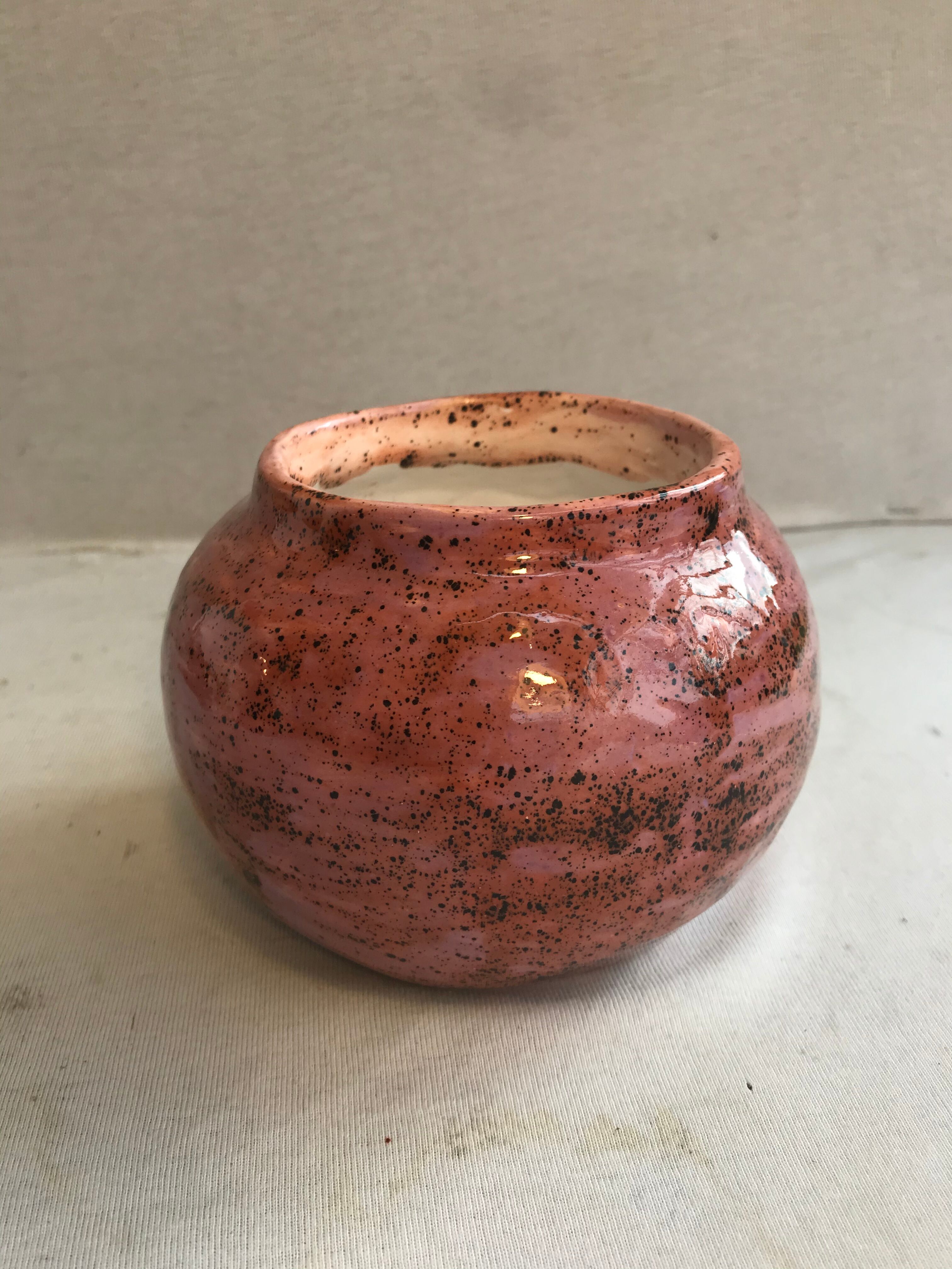 Old ceramic ball vase enamelled rose points vintage black points