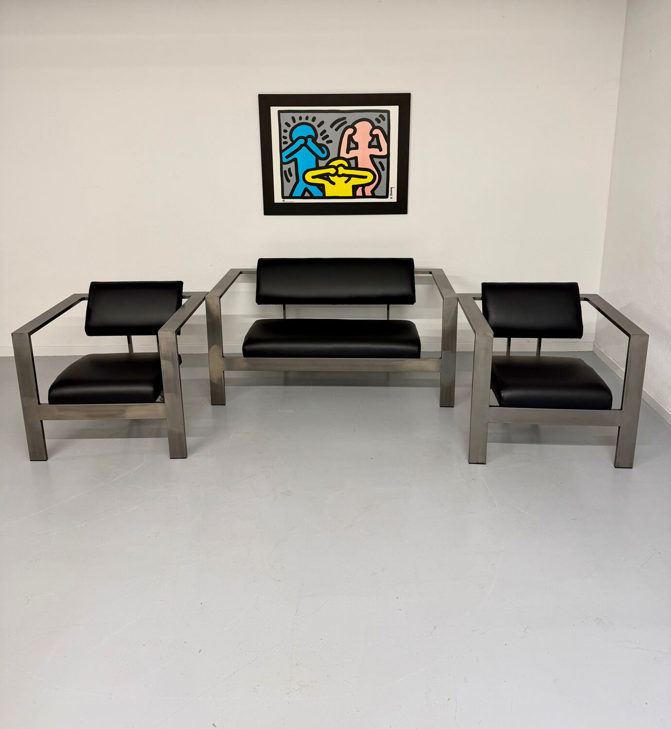 Salon brutaliste fauteuils simili métal design Karl Friedrich Forster