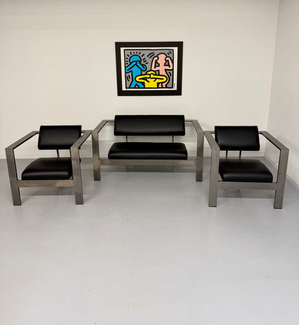 Salon brutaliste fauteuils simili métal design Karl Friedrich Forster