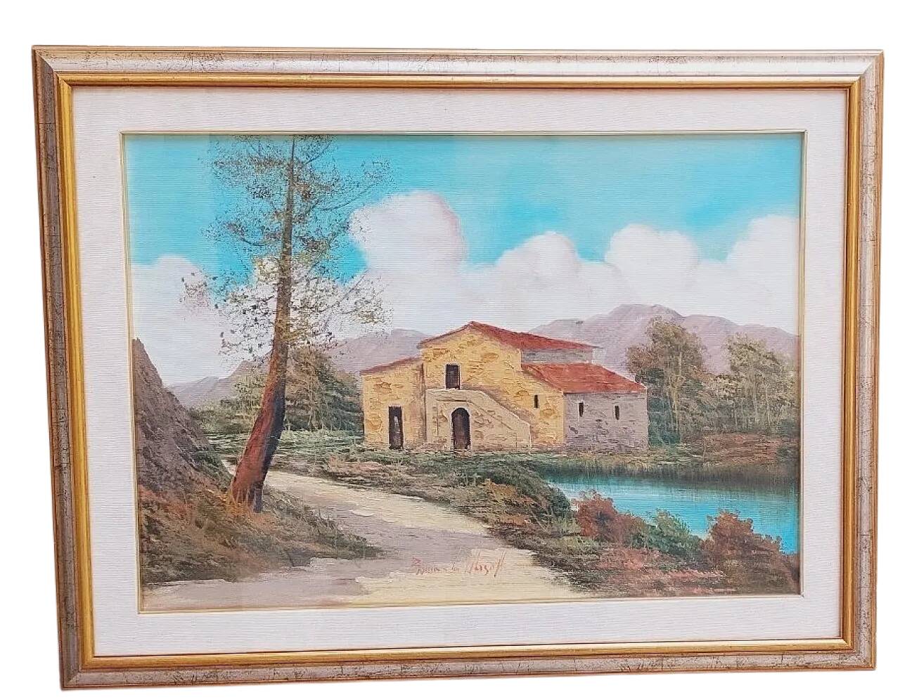 Tuscan landscape by R. Morelli, oil on canvas, late 20th century