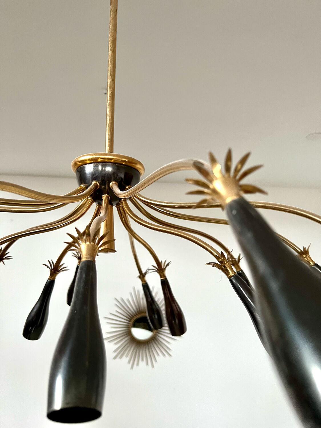 Old spider chandelier Italian metal, vintage Sputnik lamp 15 lights