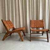Pair of leather and walnut armchairs