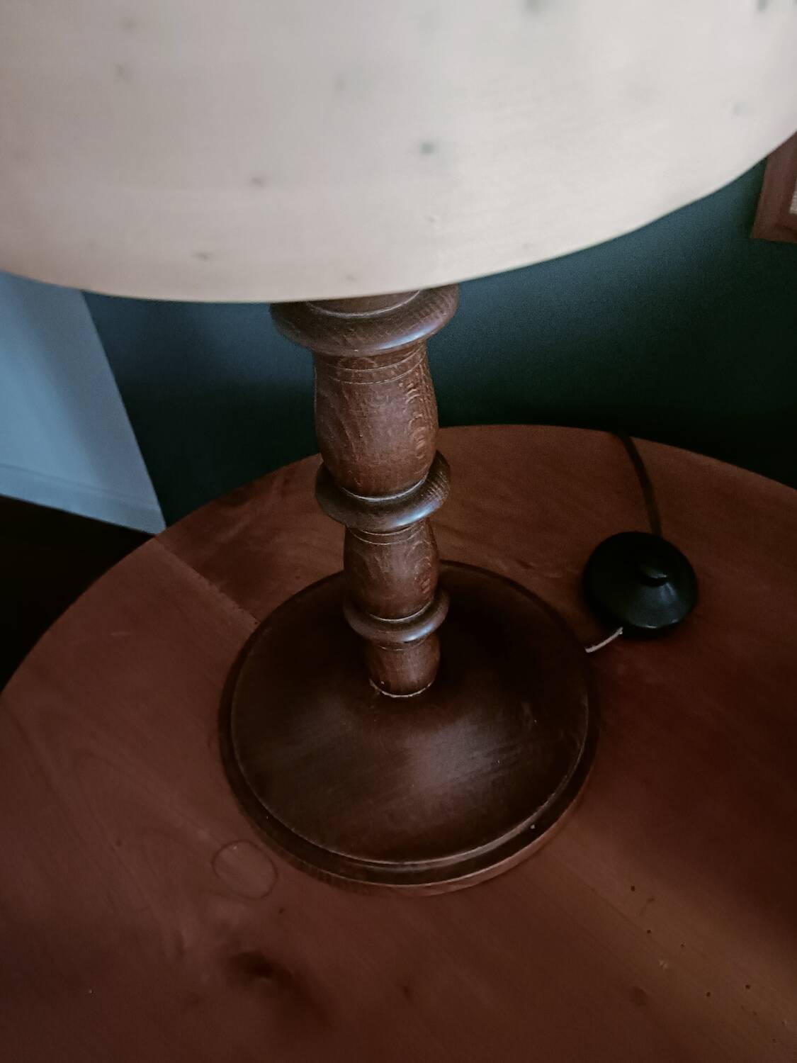 Turned wood lamp and silk lampshade