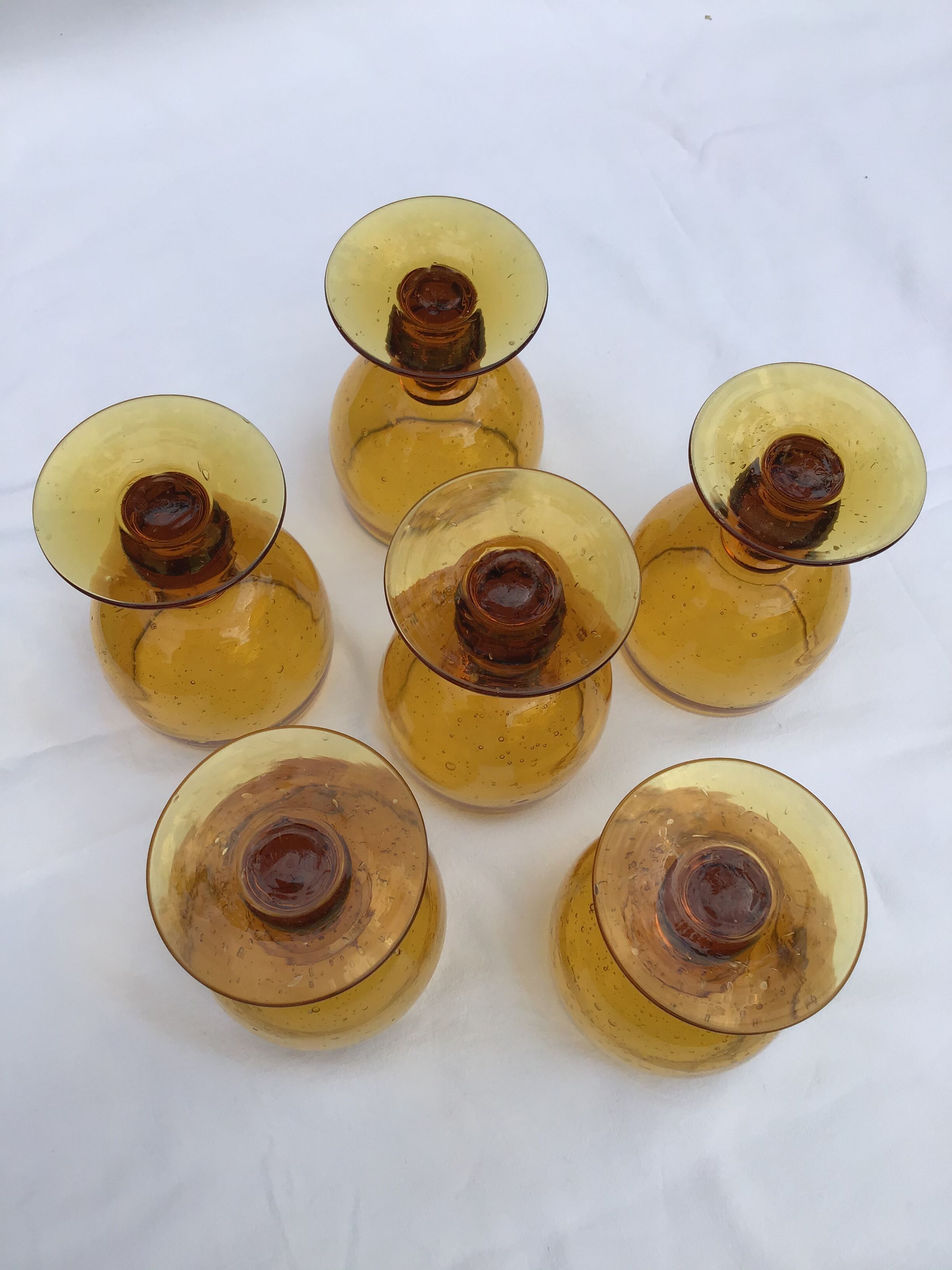 6 amber bubble-blown water glasses